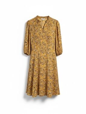 Nanette Lepore Pleated Yellow Ruffle Bib Neck Floral MIDI Dress Cottagecore 8